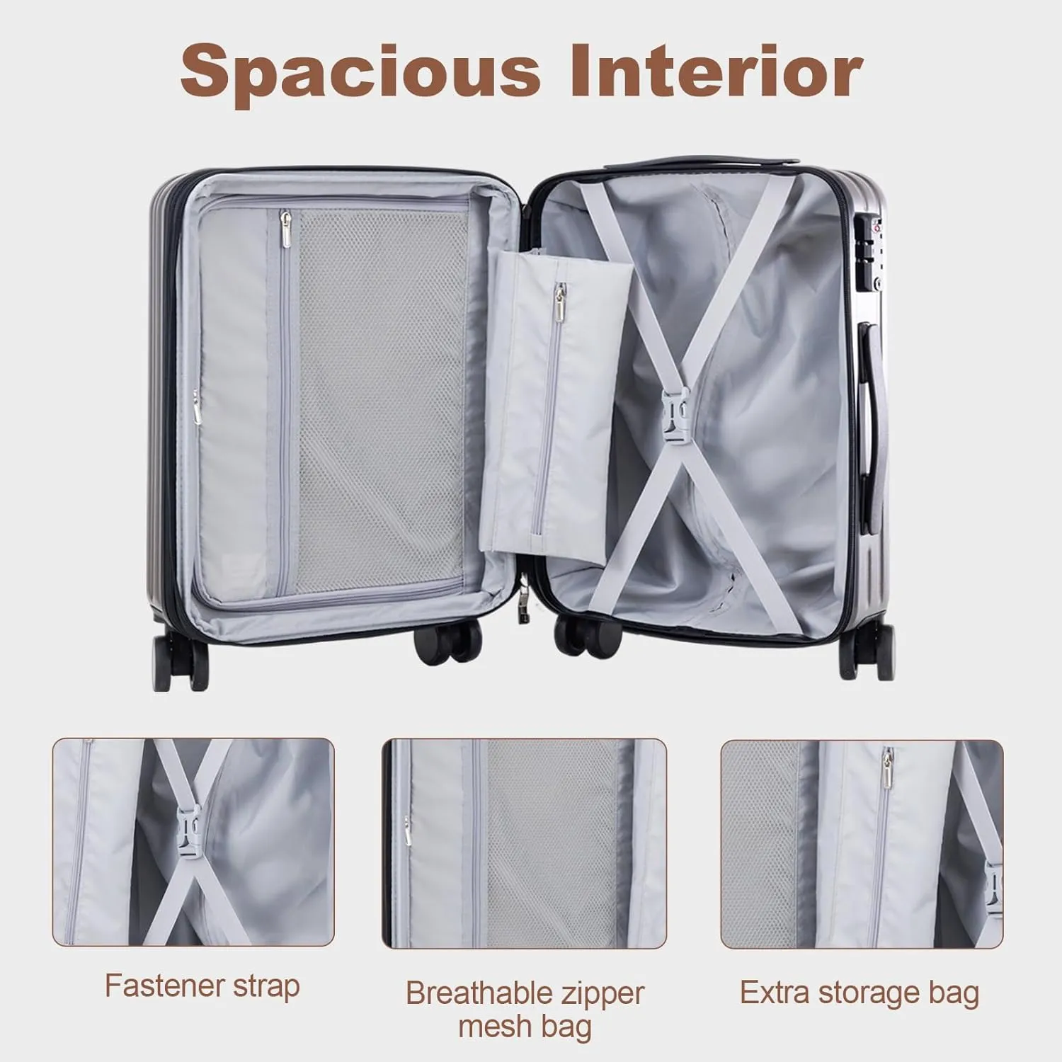 OUZZO 3 Piece Luggage Set with Spinner Wheels, Expandable Carry On Luggage, TSA Lock, PC Hardshell Suitcase Set 20/24/28 Inch for Travel, Business - Grey