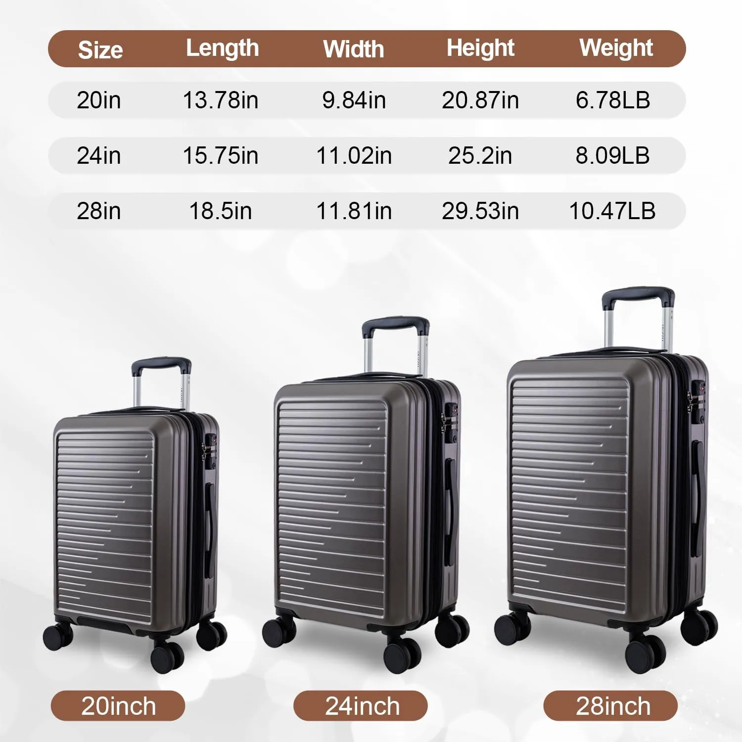 OUZZO 3 Piece Luggage Set with Spinner Wheels, Expandable Carry On Luggage, TSA Lock, PC Hardshell Suitcase Set 20/24/28 Inch for Travel, Business - Grey