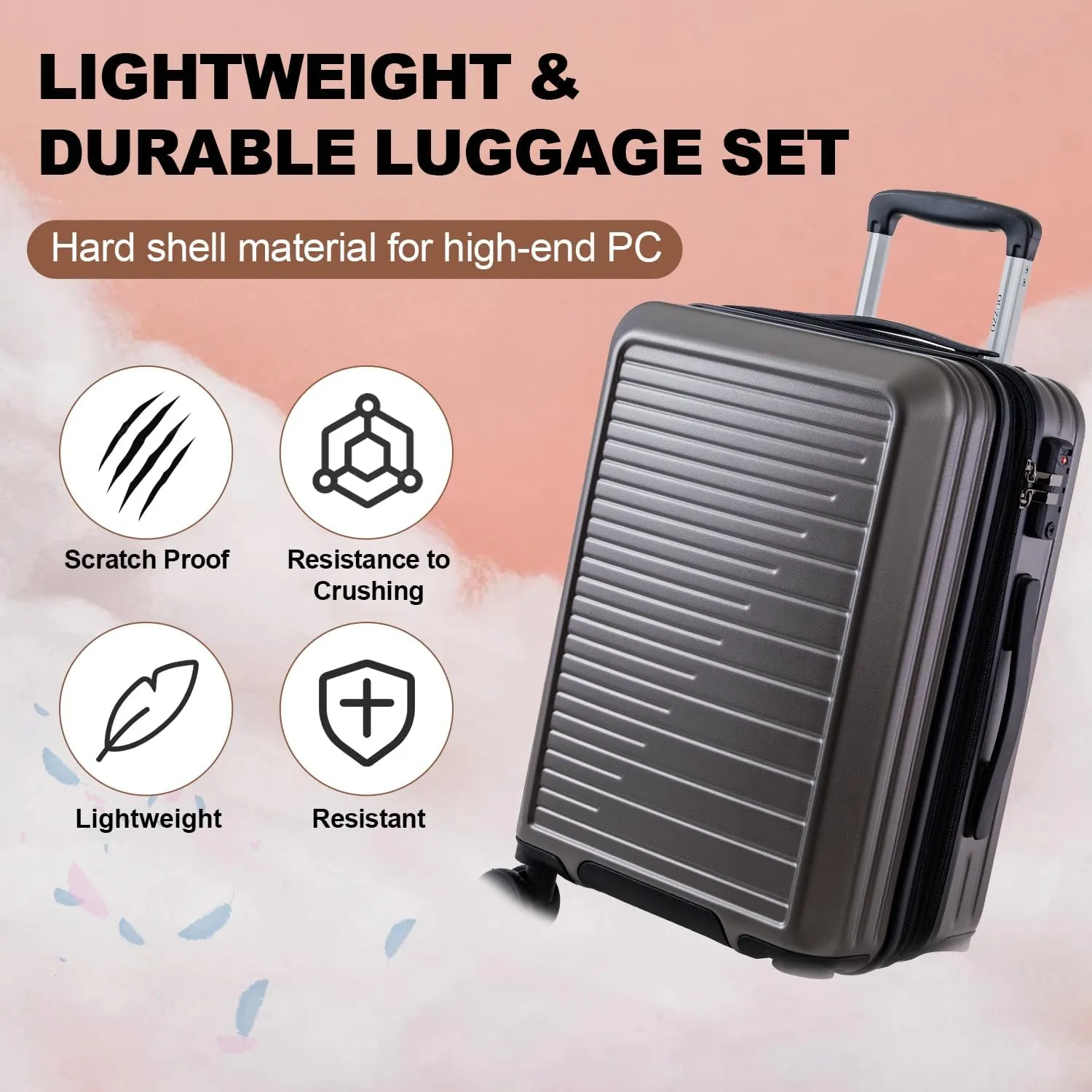 OUZZO 3 Piece Luggage Set with Spinner Wheels, Expandable Carry On Luggage, TSA Lock, PC Hardshell Suitcase Set 20/24/28 Inch for Travel, Business - Grey