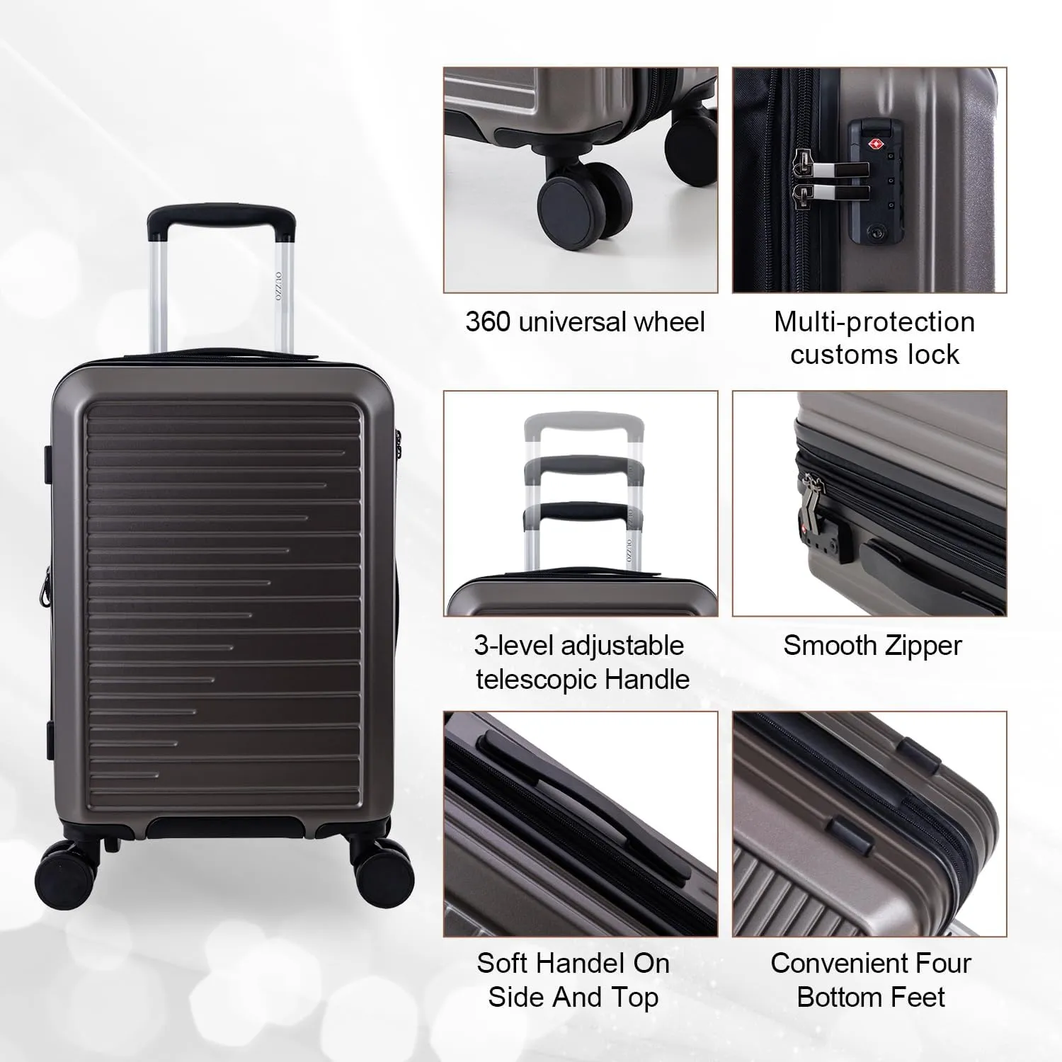 OUZZO 3 Piece Luggage Set with Spinner Wheels, Expandable Carry On Luggage, TSA Lock, PC Hardshell Suitcase Set 20/24/28 Inch for Travel, Business - Grey