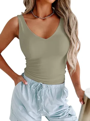 PINKMSTYLE Womens Basic V Neck Tank Tops Double Lined Fitted Summer Tops Cute Sleeveless Shirts