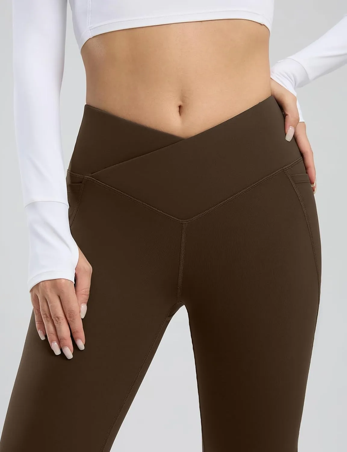 Seamaid Women's Fleece Lined Pants 30" Water Resistant Crossover Flare Leggings Winter Bell Bottom Yoga Pants with Pockets