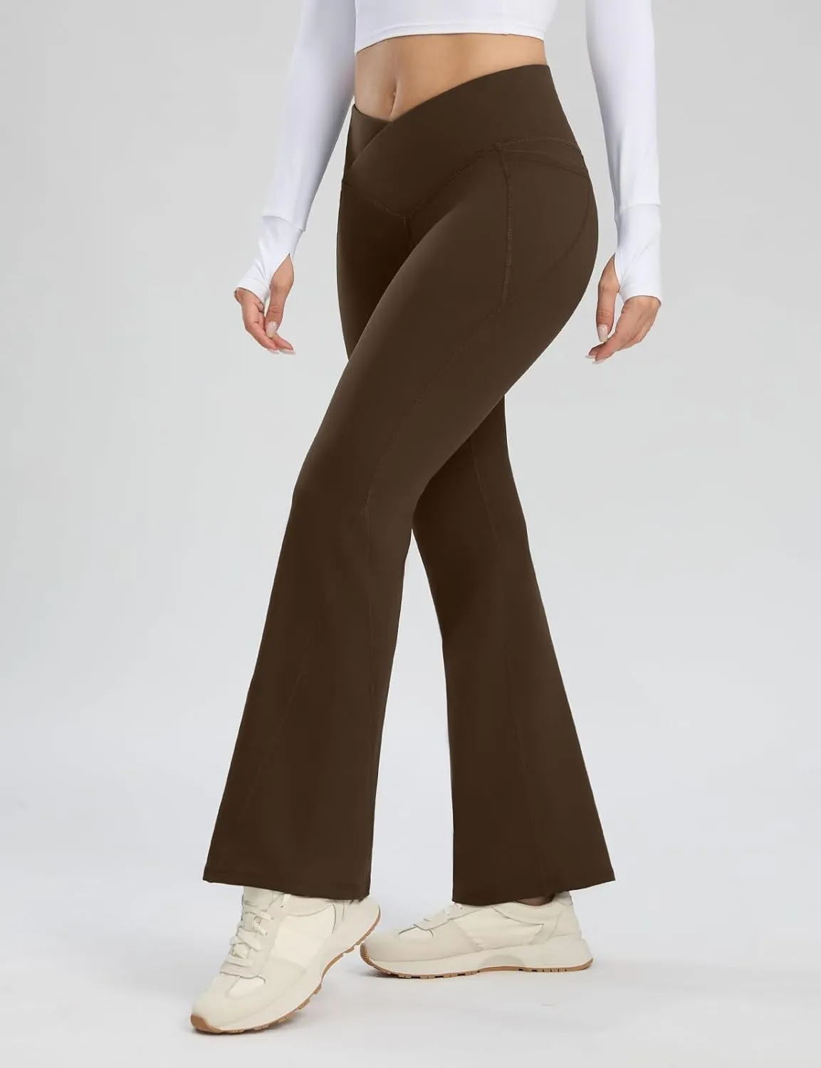Seamaid Women's Fleece Lined Pants 30" Water Resistant Crossover Flare Leggings Winter Bell Bottom Yoga Pants with Pockets