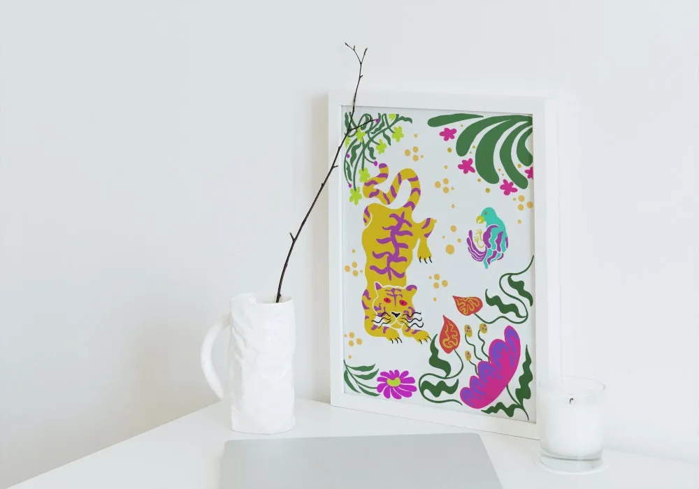 Set Of 2 Jungle Botanical Wall Art INSTANT DOWNLOAD Art Prints, Colorful Boho Wall Art, Cheetah Poster, Tiger Painting, Retro Flower Poster, Bird