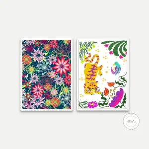 Set Of 2 Jungle Botanical Wall Art INSTANT DOWNLOAD Art Prints, Colorful Boho Wall Art, Cheetah Poster, Tiger Painting, Retro Flower Poster, Bird