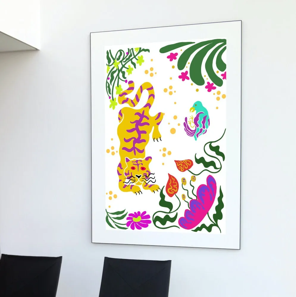 Set Of 2 Jungle Botanical Wall Art INSTANT DOWNLOAD Art Prints, Colorful Boho Wall Art, Cheetah Poster, Tiger Painting, Retro Flower Poster, Bird