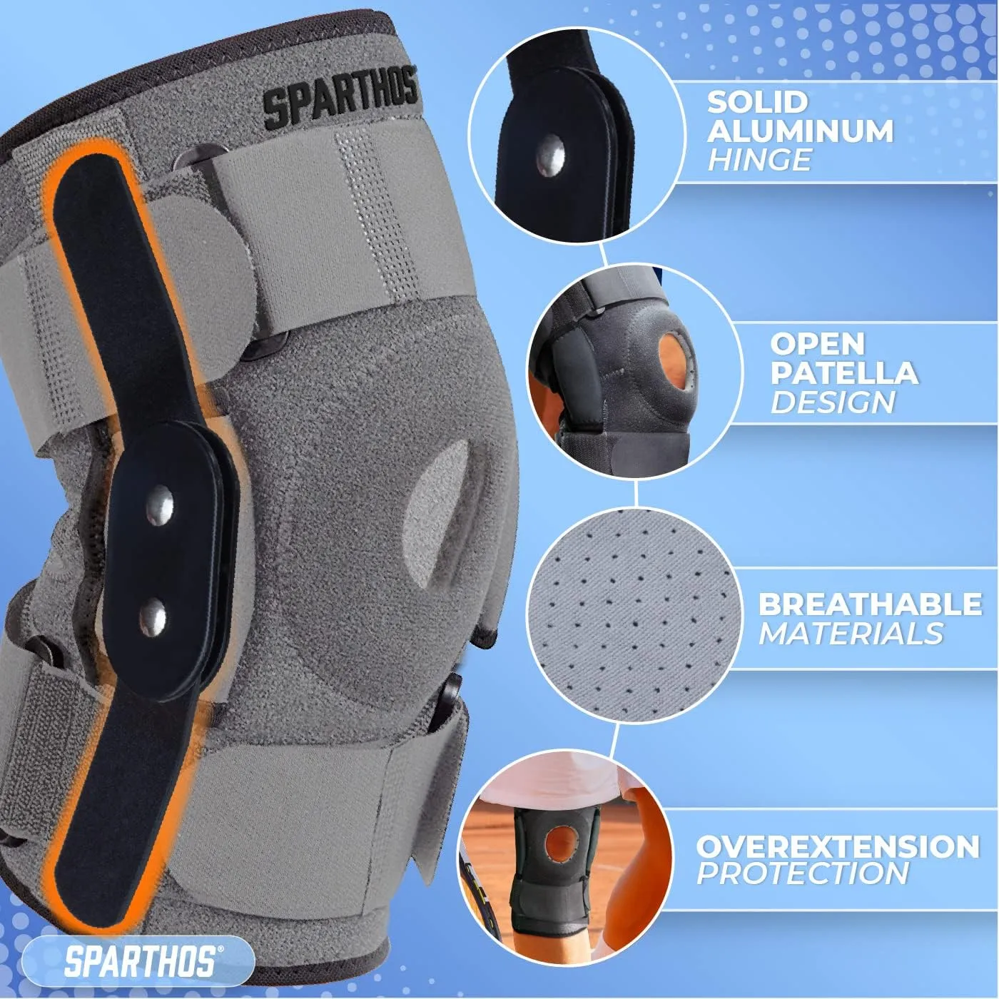 Sparthos Hinged Knee Brace - Relieves ACL, MCL, Meniscus Tear, Arthritis, Tendon Pain - Open Patella Design with Dual Metal Side Stabilizers - Support for Running, For Men and Women (Large)