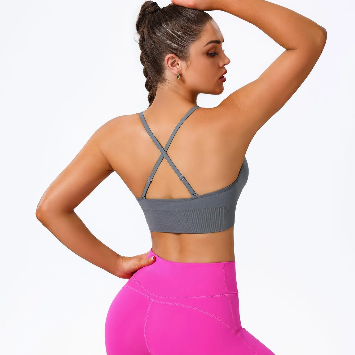 Sports Bras for Women Padded Adjustable Deep V Neck Bra Seamless Spaghetti Strap Criss Cross Light Impact Yoga Bras
