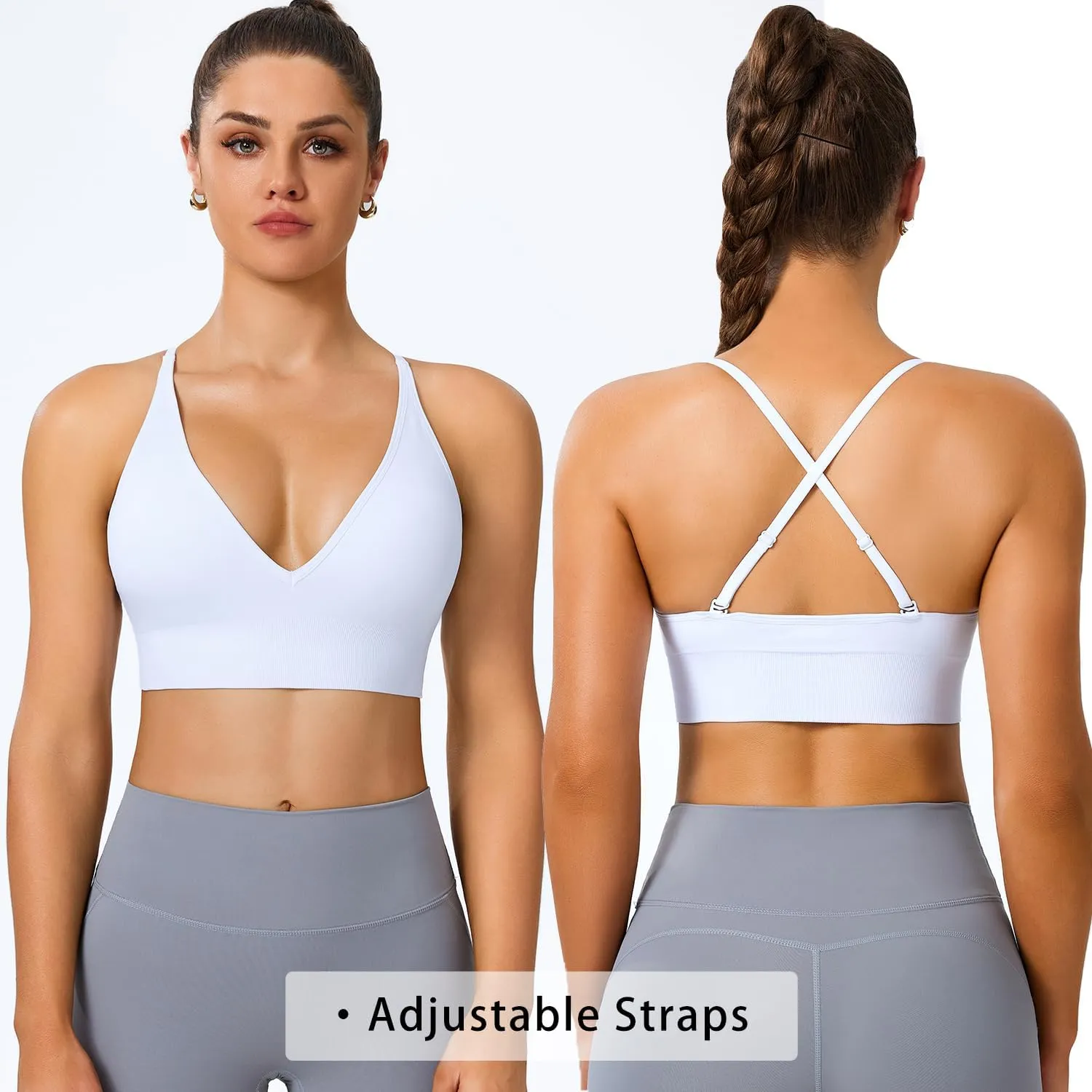Sports Bras for Women Padded Adjustable Deep V Neck Bra Seamless Spaghetti Strap Criss Cross Light Impact Yoga Bras