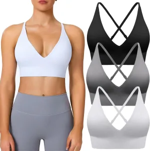 Sports Bras for Women Padded Adjustable Deep V Neck Bra Seamless Spaghetti Strap Criss Cross Light Impact Yoga Bras