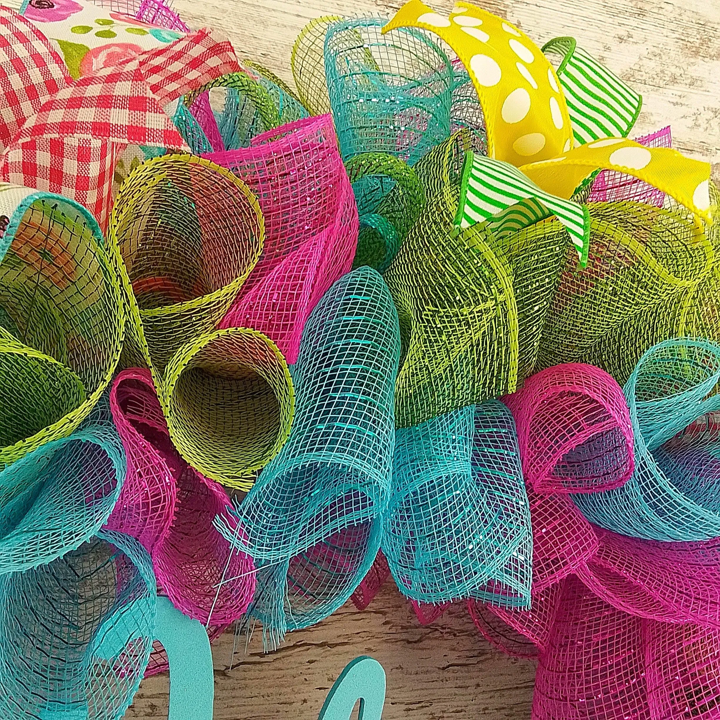 Summer Spring Welcome Door Wreath; Pink, Turquoise, Yellow, Green : P1
