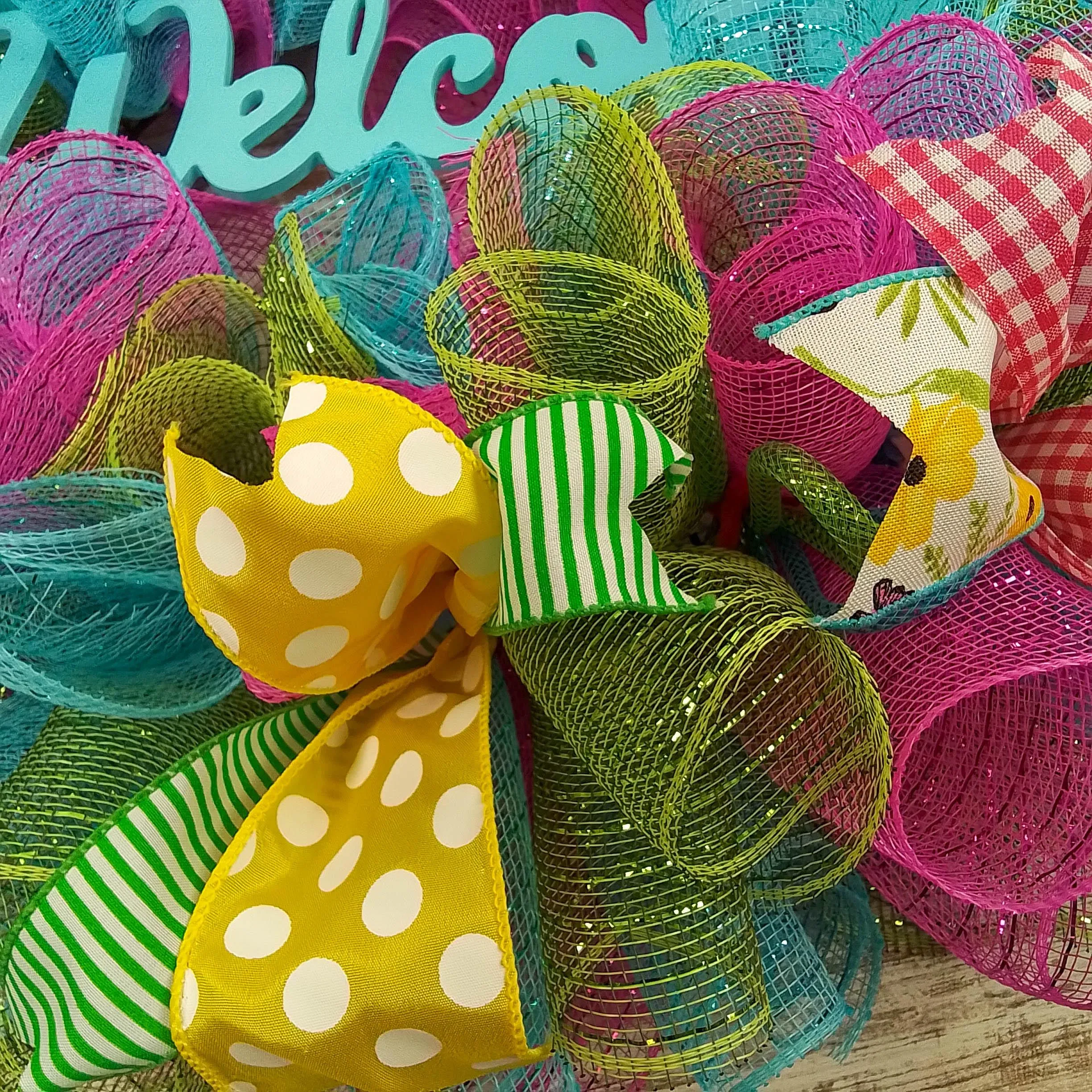 Summer Spring Welcome Door Wreath; Pink, Turquoise, Yellow, Green : P1