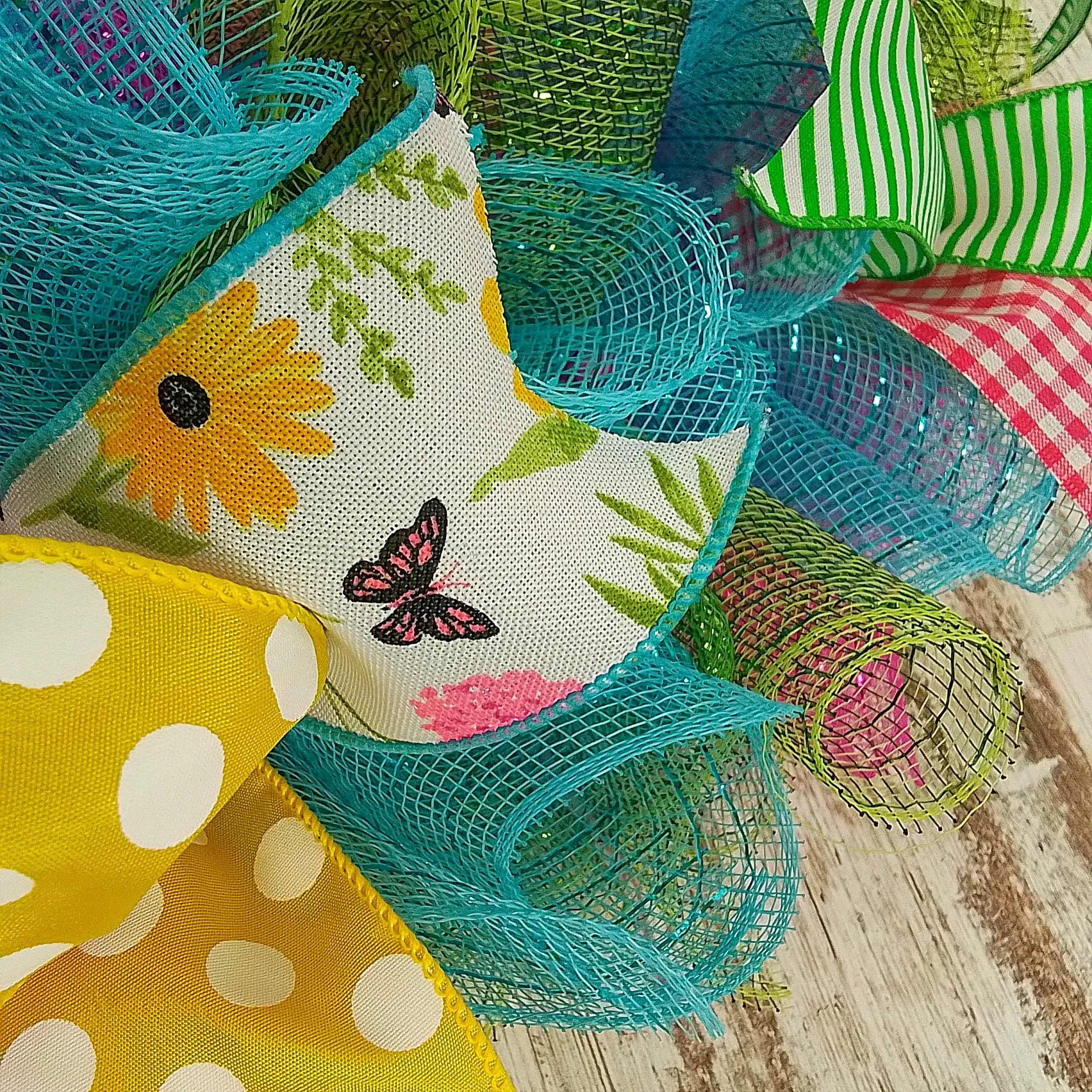 Summer Spring Welcome Door Wreath; Pink, Turquoise, Yellow, Green : P1