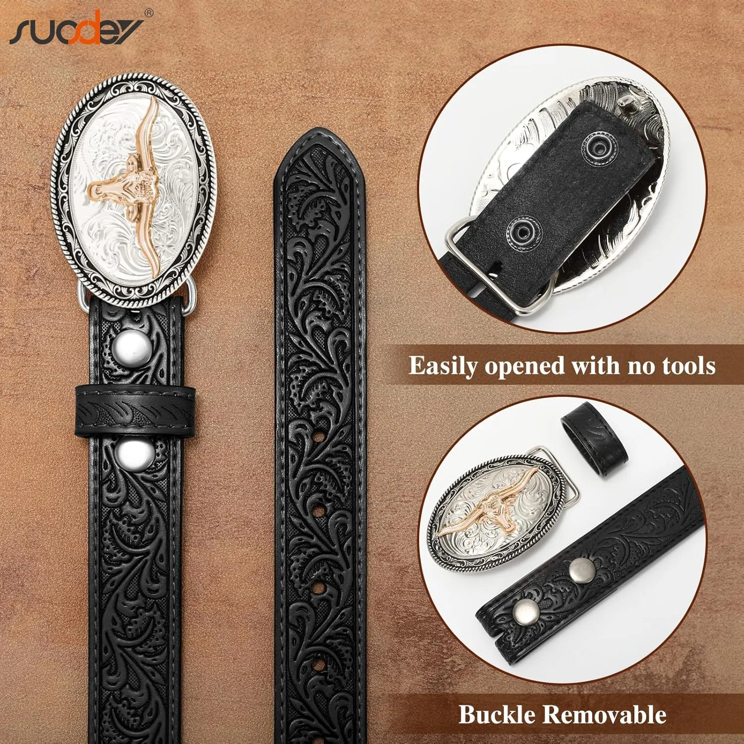 SUOSDEY Kids Western Belt for Boys Girls,Toddler Youth Cowboy Cowgirl Genuine Leather Belt with Longhorn Bull Buckle