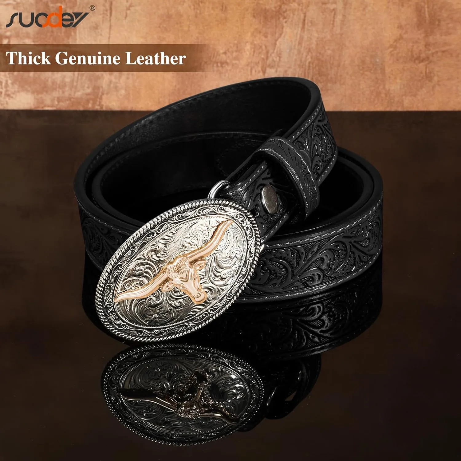 SUOSDEY Kids Western Belt for Boys Girls,Toddler Youth Cowboy Cowgirl Genuine Leather Belt with Longhorn Bull Buckle