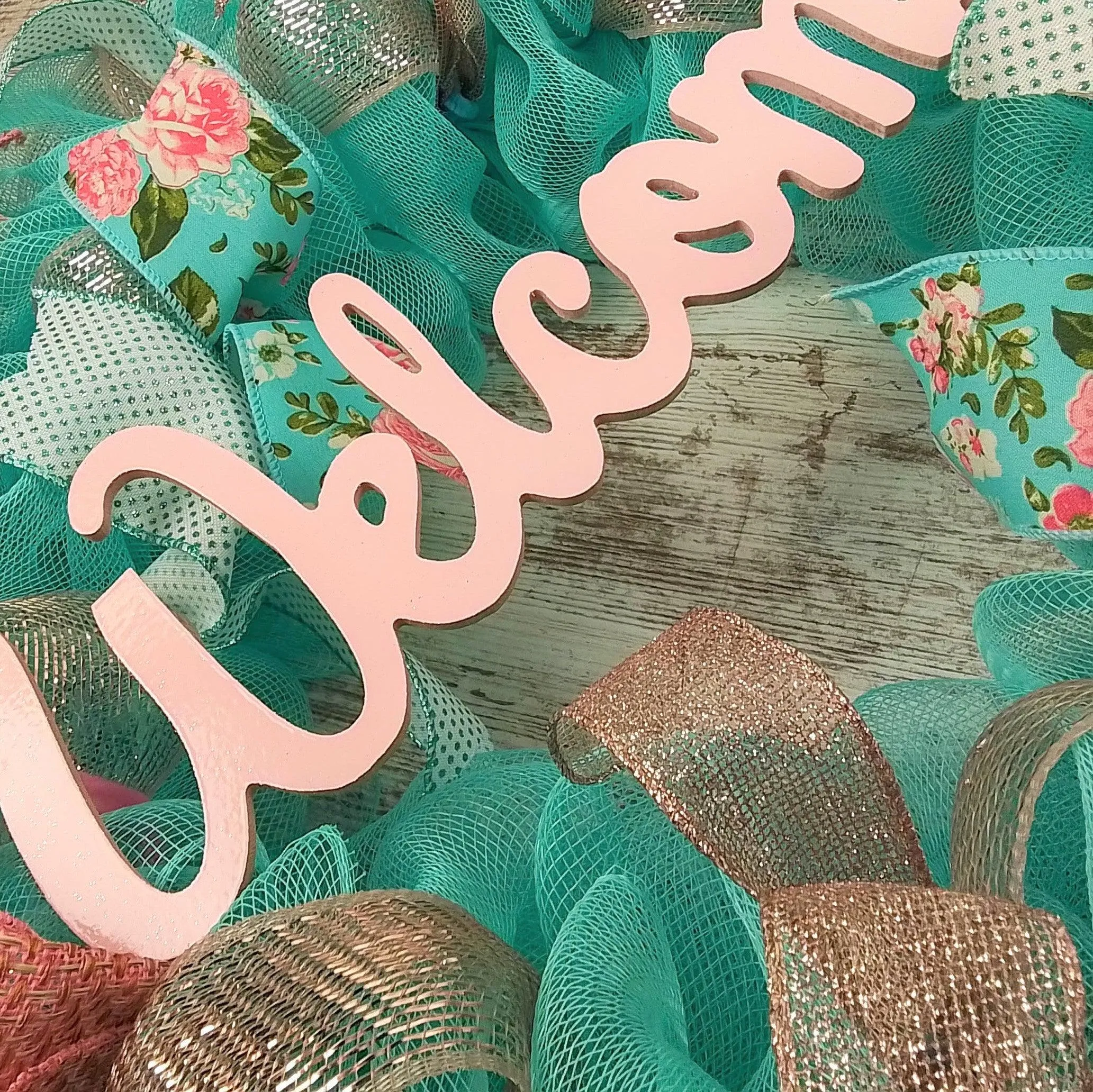Welcome Turquoise Rose Gold Wreath - Gift for Her - Everyday Floral Spring Decor