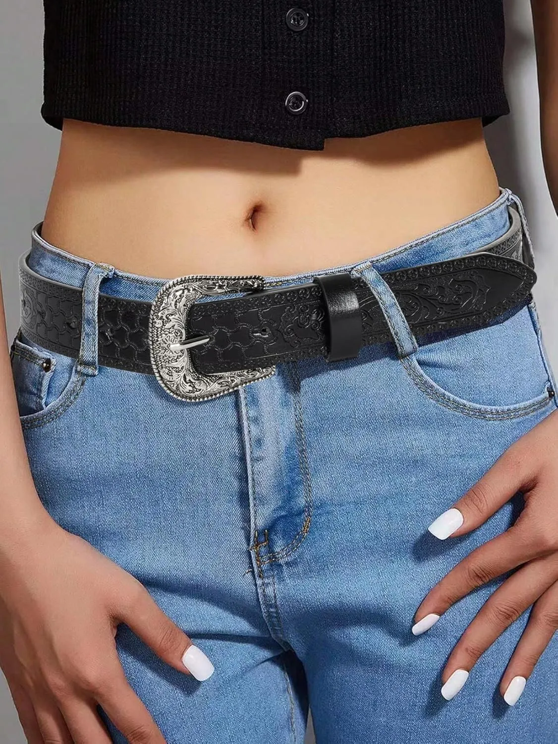 Western-Leather-Belts for Women Turquoise-Oval-Buckle Embossed Cowgirl Belt for Jeans Pants (Fit for 28-38" Waist)