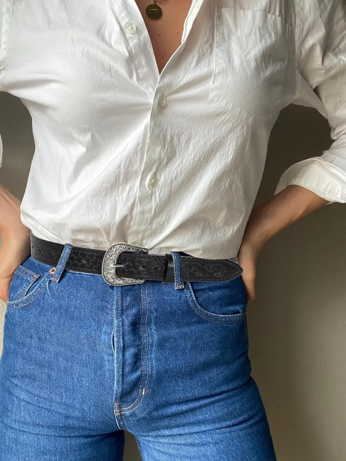 Western-Leather-Belts for Women Turquoise-Oval-Buckle Embossed Cowgirl Belt for Jeans Pants (Fit for 28-38" Waist)