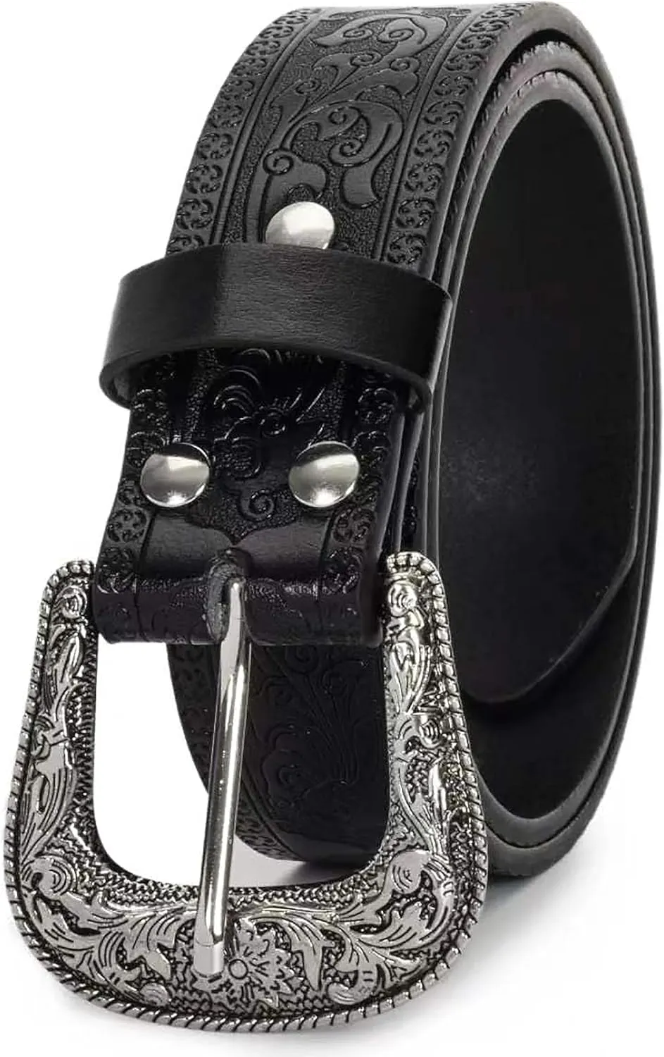Western-Leather-Belts for Women Turquoise-Oval-Buckle Embossed Cowgirl Belt for Jeans Pants (Fit for 28-38" Waist)