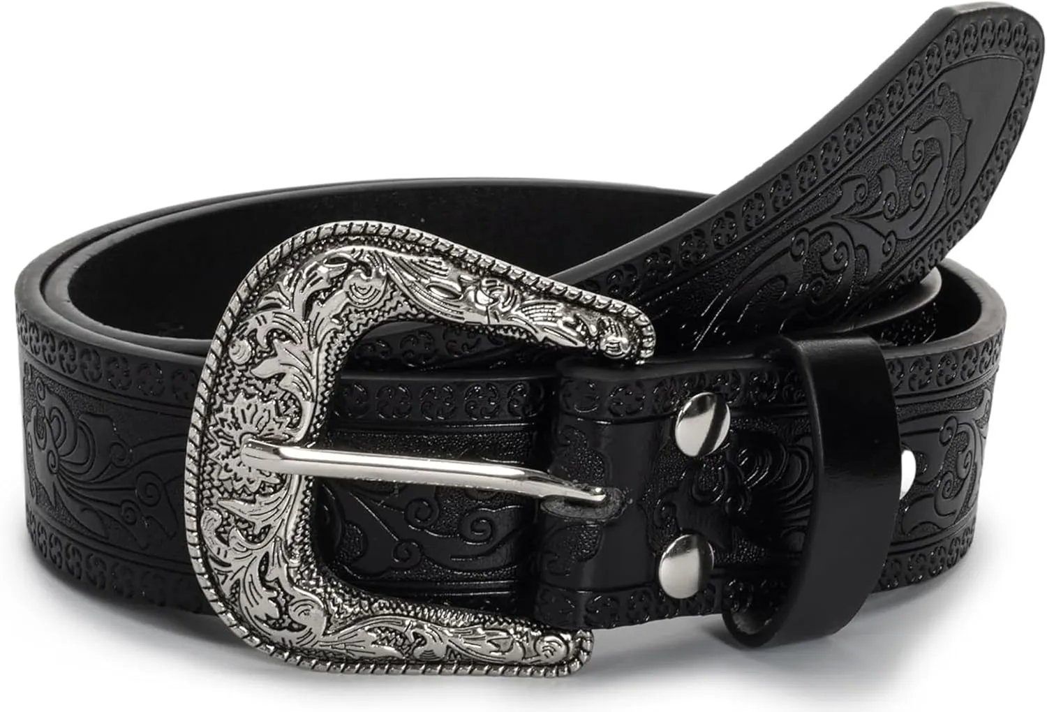 Western-Leather-Belts for Women Turquoise-Oval-Buckle Embossed Cowgirl Belt for Jeans Pants (Fit for 28-38" Waist)