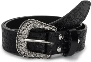 Western-Leather-Belts for Women Turquoise-Oval-Buckle Embossed Cowgirl Belt for Jeans Pants (Fit for 28-38" Waist)