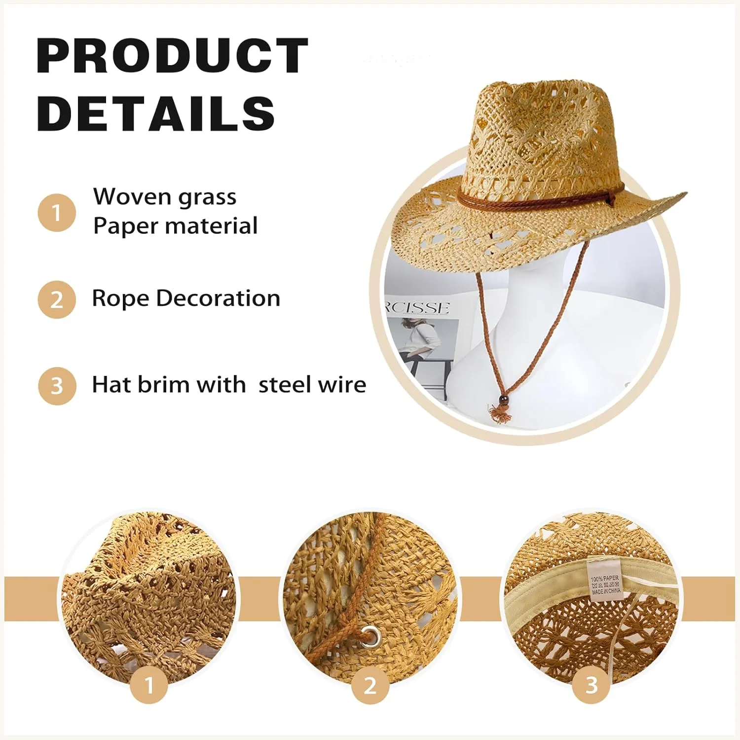 Western Straw Cowboy Hats for Women Men Sparkly Cowgirl Hat for Holiday Sun Hat Vacation Beach Hat with Wide Brim