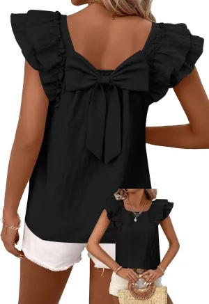 Womens Bow Tie Back Tops Round Neck Ruffle Short Sleeve Shirts Cute Babydoll Chiffon Tee Women Summer Trendy Tunic