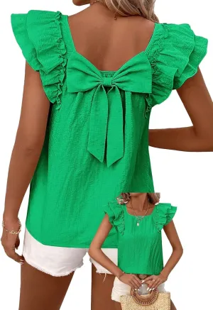 Womens Bow Tie Back Tops Round Neck Ruffle Short Sleeve Shirts Cute Babydoll Chiffon Tee Women Summer Trendy Tunic
